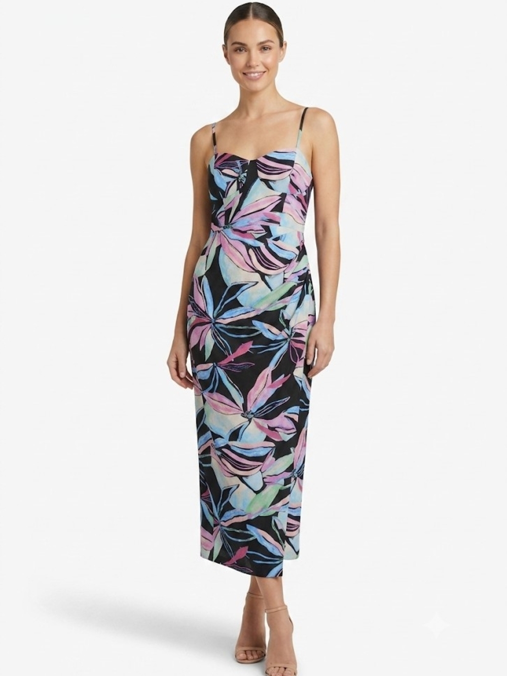 Zara Tropical Print Corset Midi Dress